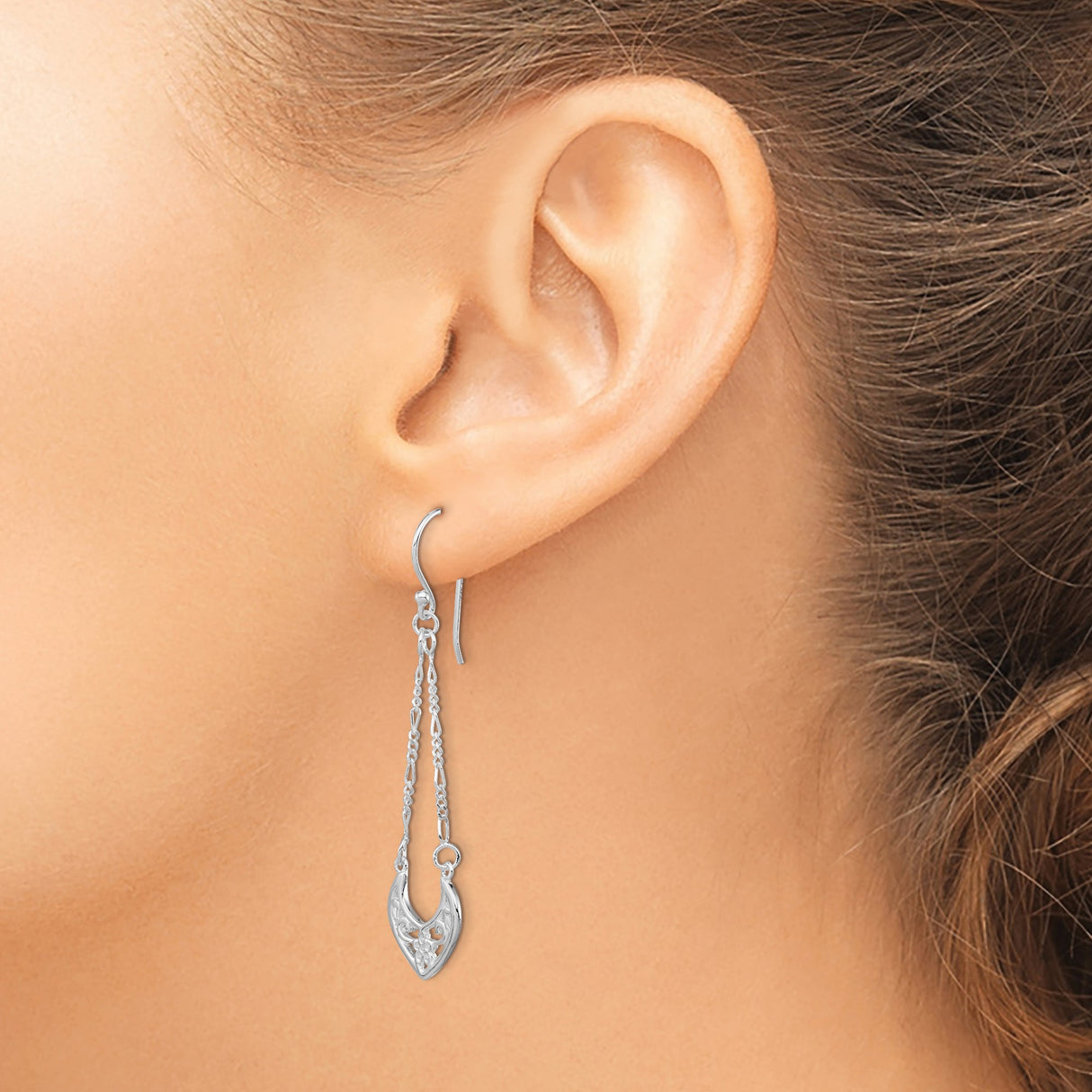 Sterling Silver Dangle Earrings with Filigree Heart Design and Floral Scroll Accents