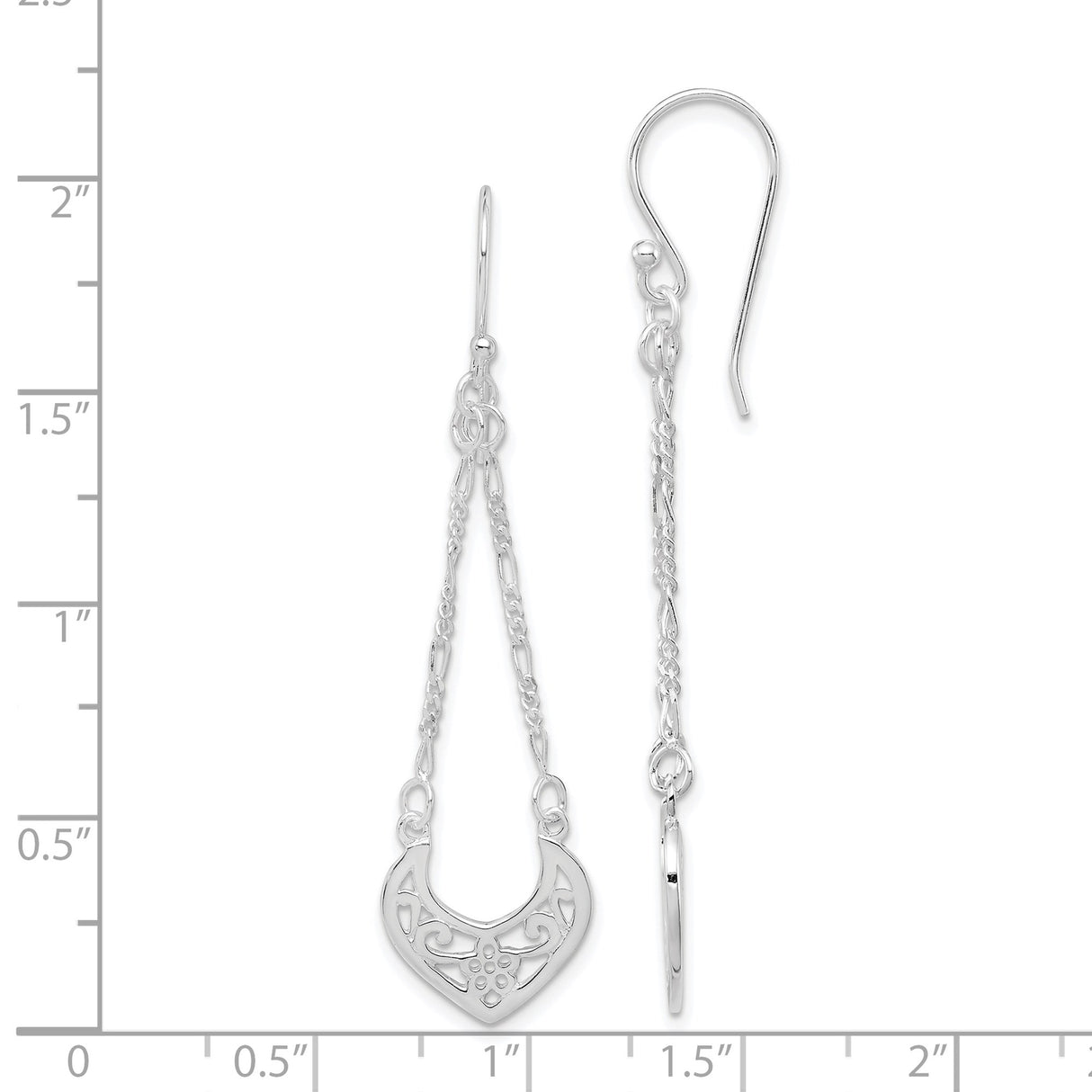 Sterling Silver Dangle Earrings with Filigree Heart Design and Floral Scroll Accents