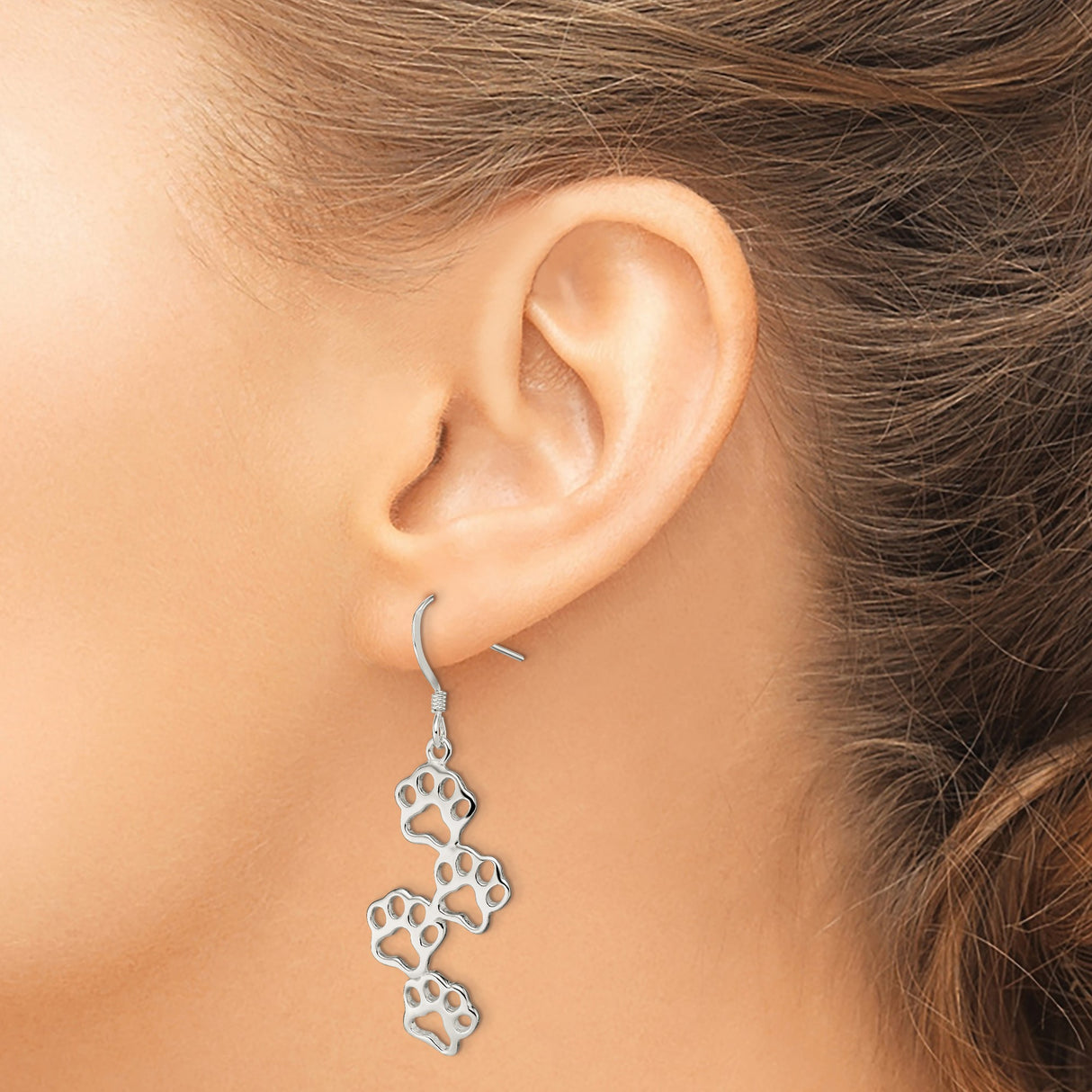 Sterling Silver Dangle Earrings with Openwork Paw Print Charms, Animal Lover Jewelry for Women