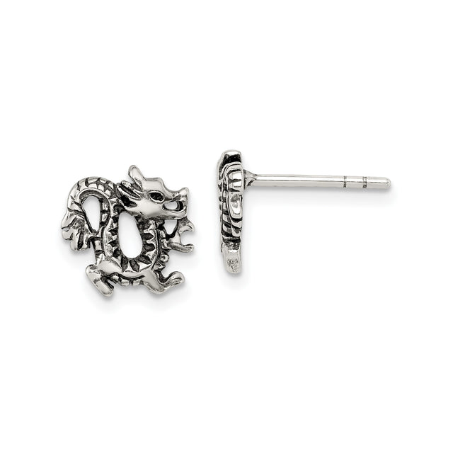 Sterling Silver Dragon Stud Earrings with Intricate Chinese Mythical Design, Unisex