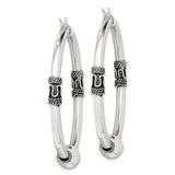 Sterling Silver Hoop Earrings with Oxidized Rope Scroll and Polished Bead Design, Boho Vintage Style