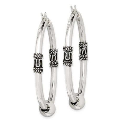 Sterling Silver Hoop Earrings with Oxidized Rope Scroll and Polished Bead Design, Boho Vintage Style