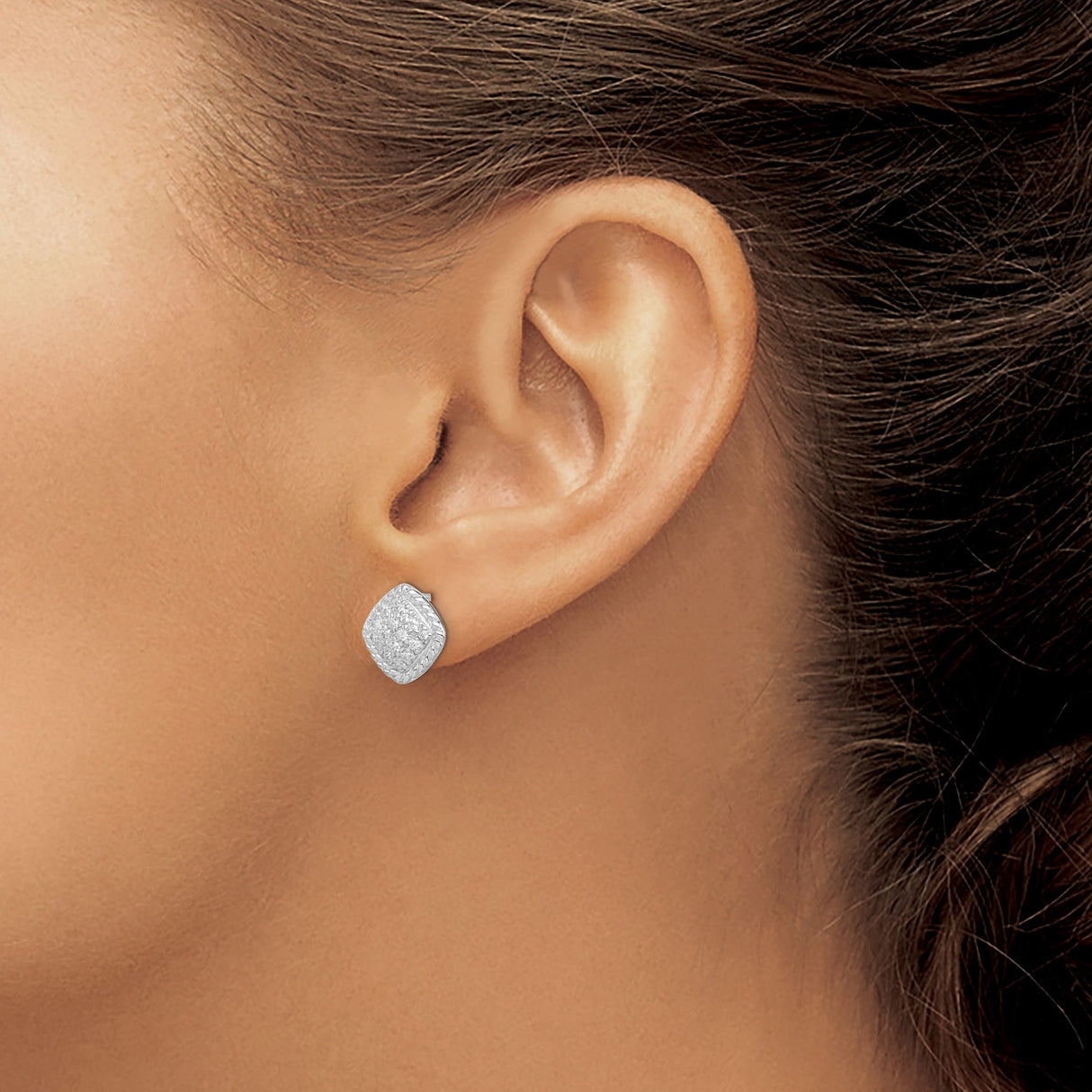 Sterling Silver Cushion Stud Earrings with Cubic Zirconia Cluster and Rope Border Design