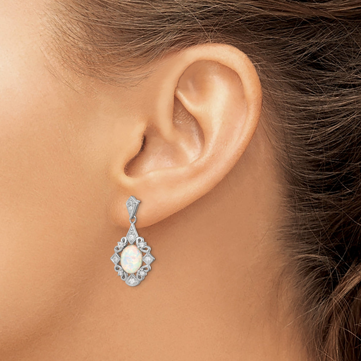 Sterling Silver Dangle Earrings with Opal and Cubic Zirconia, Vintage Filigree Design