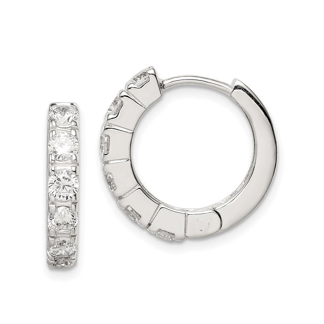 Sterling Silver Hoop Earrings with Channel Set Round Cubic Zirconia, Lightweight Hinged Style