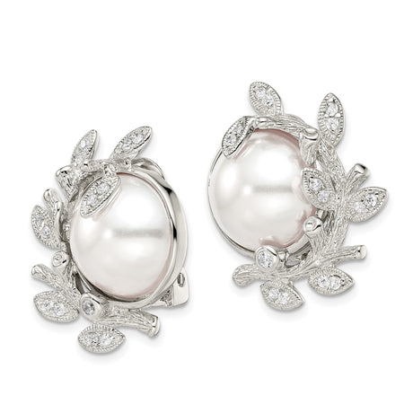 Sterling Silver Clip On Earrings White Pearls Leaf Motif