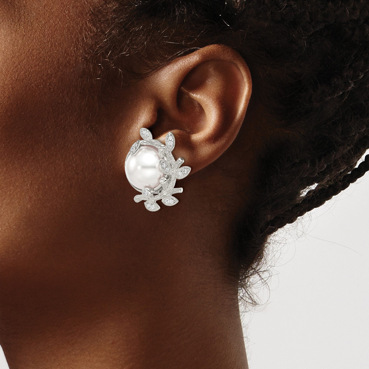 Sterling Silver Clip-On Earrings with Simulated Pearl and Cubic Zirconia, Leaf Design, Vintage Bridal Style