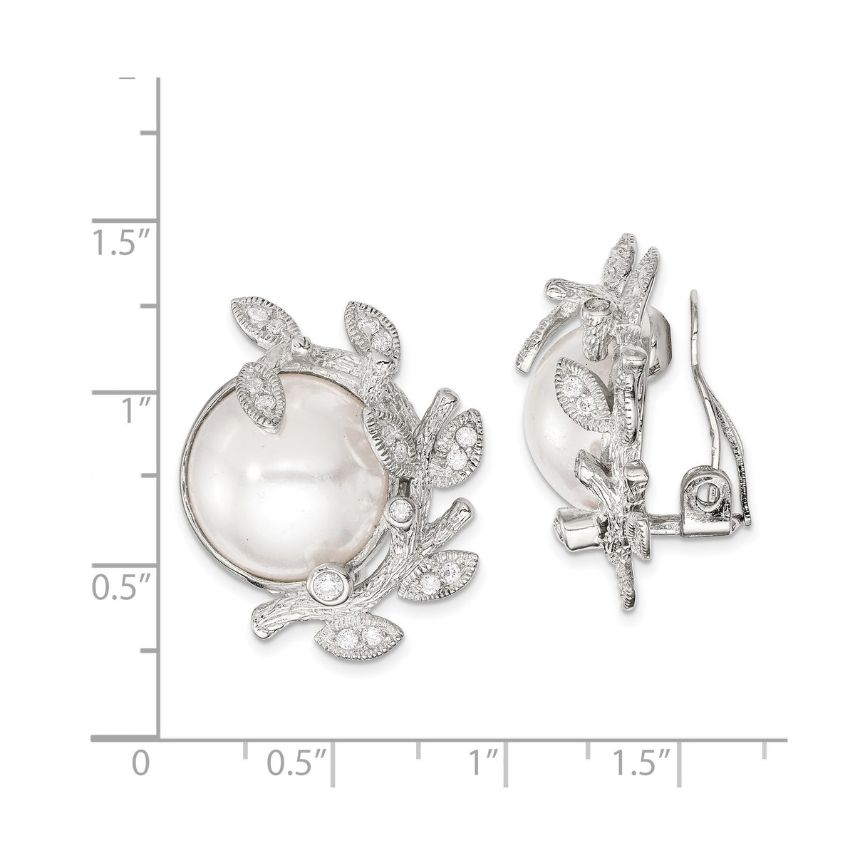 Sterling Silver Clip-On Earrings with Simulated Pearl and Cubic Zirconia, Leaf Design, Vintage Bridal Style