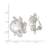 Sterling Silver Clip-On Earrings with Simulated Pearl and Cubic Zirconia, Leaf Design, Vintage Bridal Style