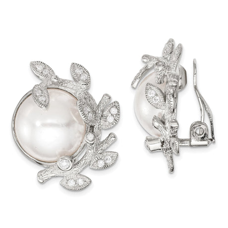 Sterling Silver Clip-On Earrings for Women with White Pearls, Leaf and Branch Design, Clear Stones, Nature Motif, Formal Bridal Vintage Style, Non Pierced Classic Floral Jewelry Accessory