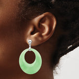 Sterling Silver Hoop Earrings with Green Jade in Circular Drop Design, Asian Inspired Jewelry