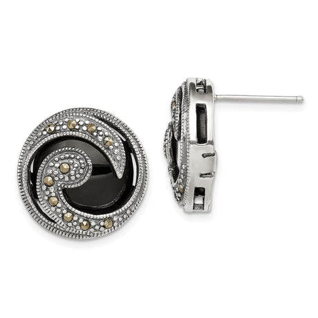 Sterling Silver Stud Earrings with Black Onyx and Marcasite, Vintage Swirl Design