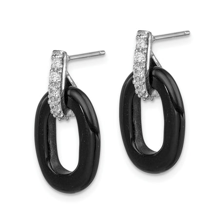 Sterling Silver Dangle Earrings with Cubic Zirconia and Black Onyx Oval Links, Modern Minimalist Design