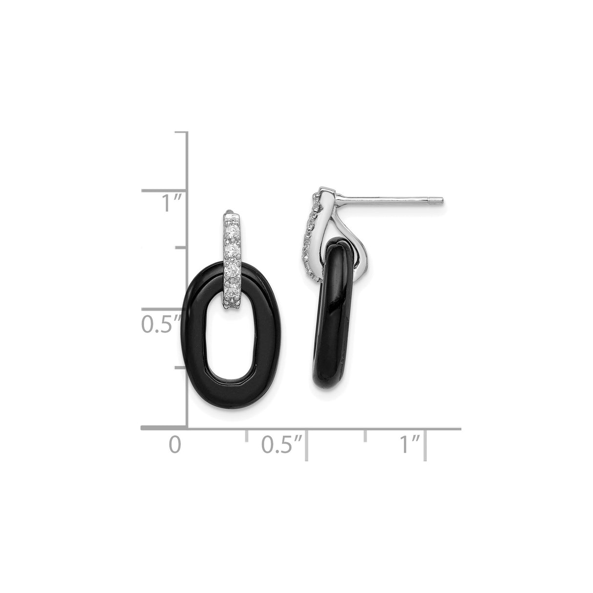 Sterling Silver Dangle Earrings with Cubic Zirconia and Black Onyx Oval Links, Modern Minimalist Design