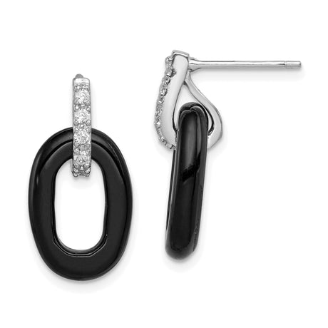 Sterling Silver Dangle Earrings with Cubic Zirconia and Black Onyx Oval Links, Modern Minimalist Design