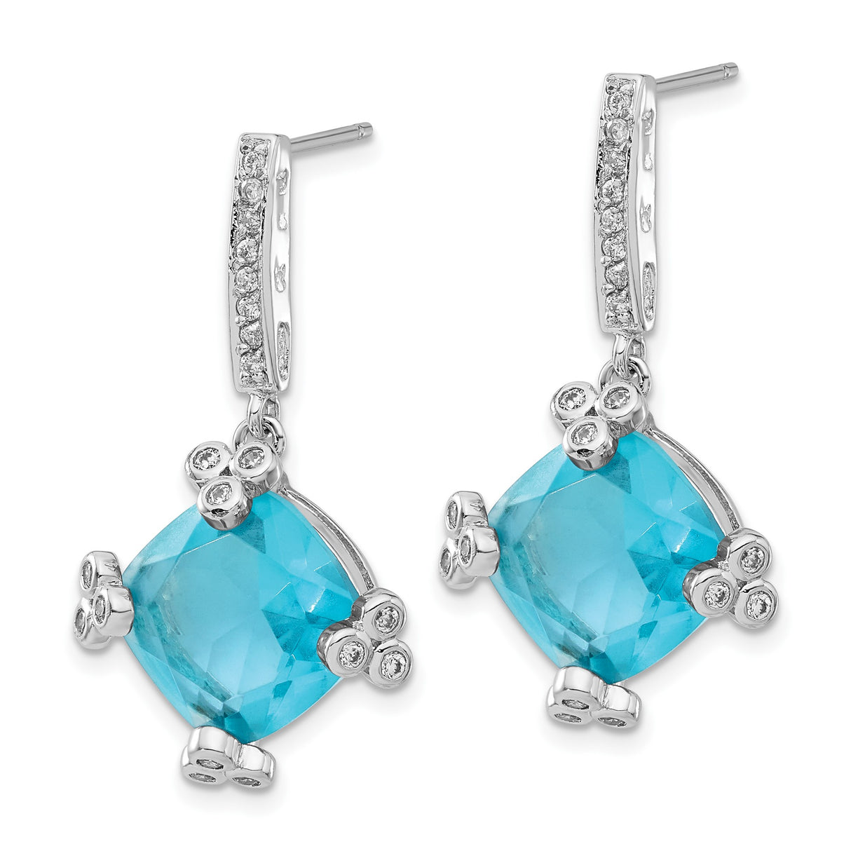 Sterling Silver Dangle Earrings with Cushion Cut Blue Cubic Zirconia in Clover Design