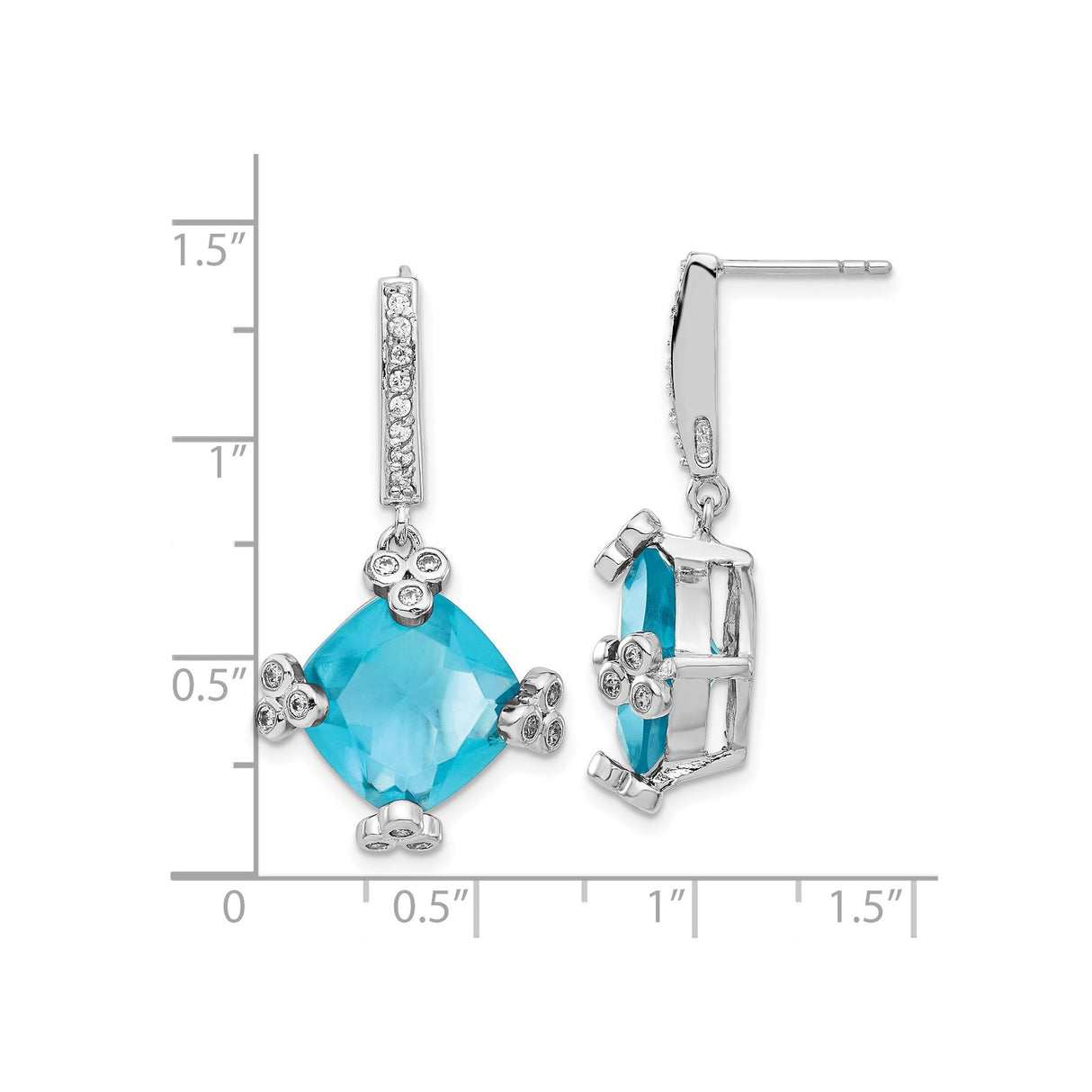 Sterling Silver Dangle Earrings with Cushion Cut Blue Cubic Zirconia in Clover Design