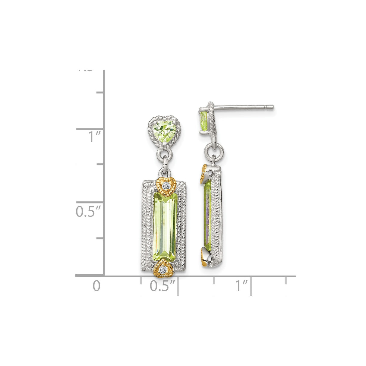 Sterling Silver Drop Earrings with Baguette Cut Peridot, Heart Accents, Cubic Zirconia