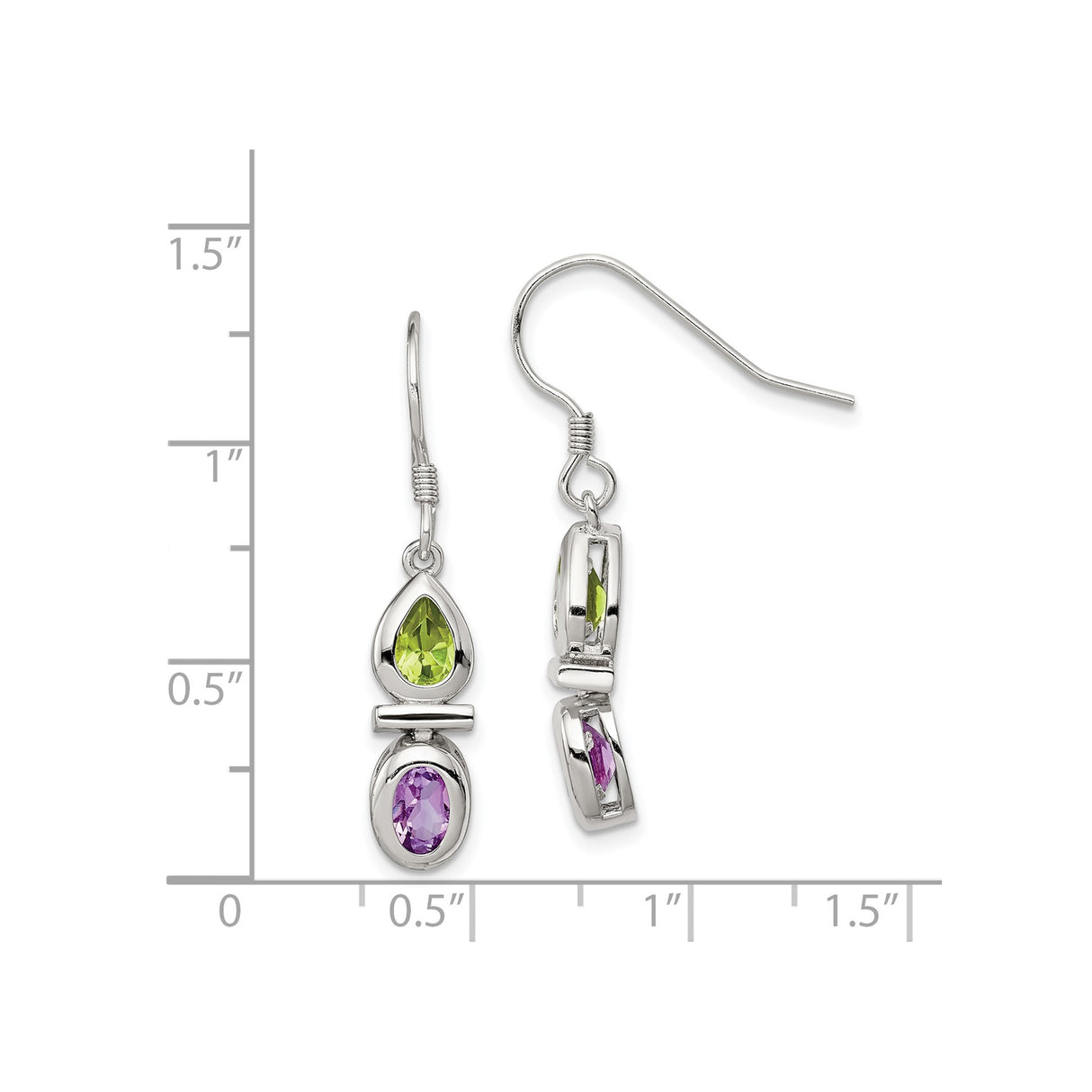 Sterling Silver Dangle Earrings with Peridot and Amethyst Dual-Stone Drop Design