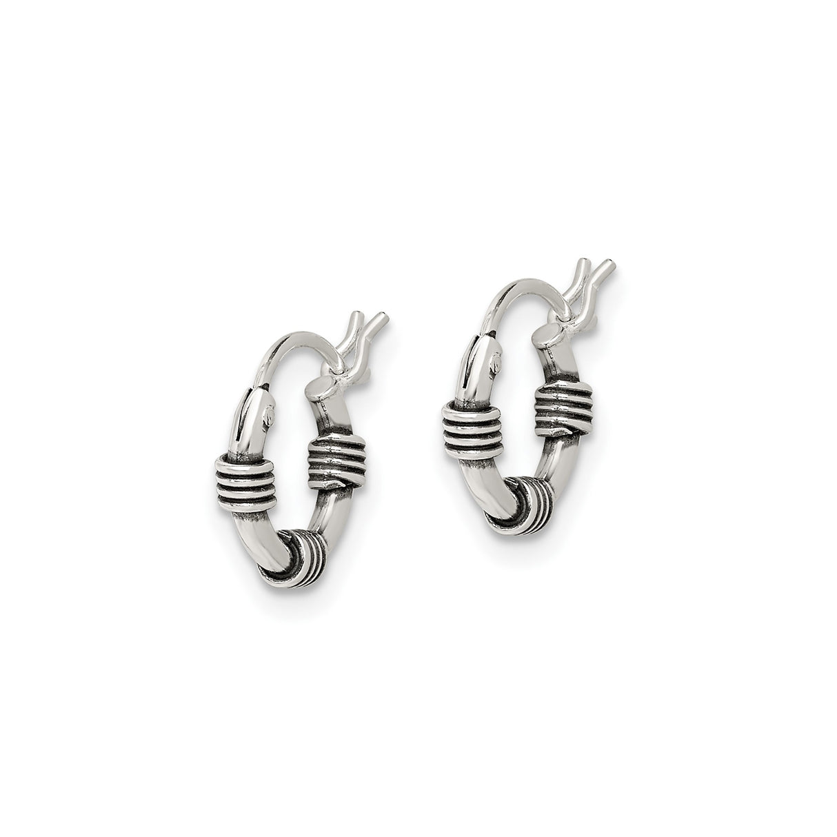 Sterling Silver Hoop Earrings with Wrapped Coil Detailing, Oxidized Bali Tribal Style