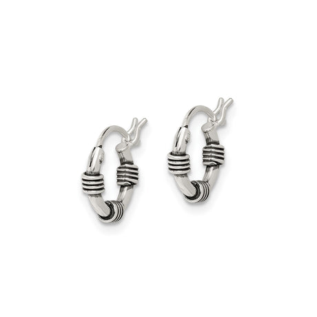Sterling Silver Hoop Earrings with Wrapped Coil Detailing, Oxidized Bali Tribal Style