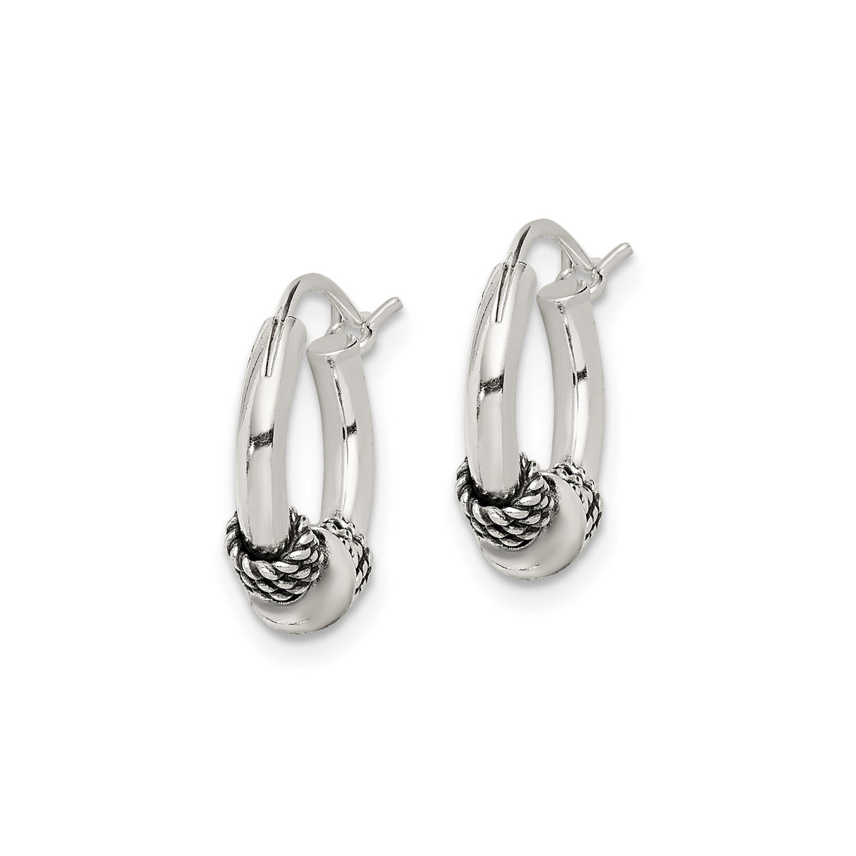 Sterling Silver Hoop Earrings with Polished Bead and Twisted Rope Accents, Unisex Bali Style