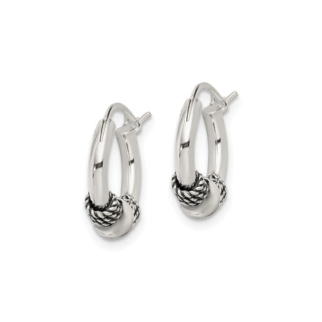 Sterling Silver Hoop Earrings with Polished Bead and Twisted Rope Accents, Unisex Bali Style
