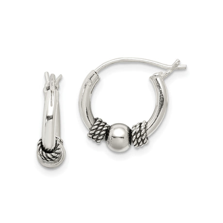 Sterling Silver Hoop Earrings with Polished Bead and Twisted Rope Accents, Unisex Bali Style
