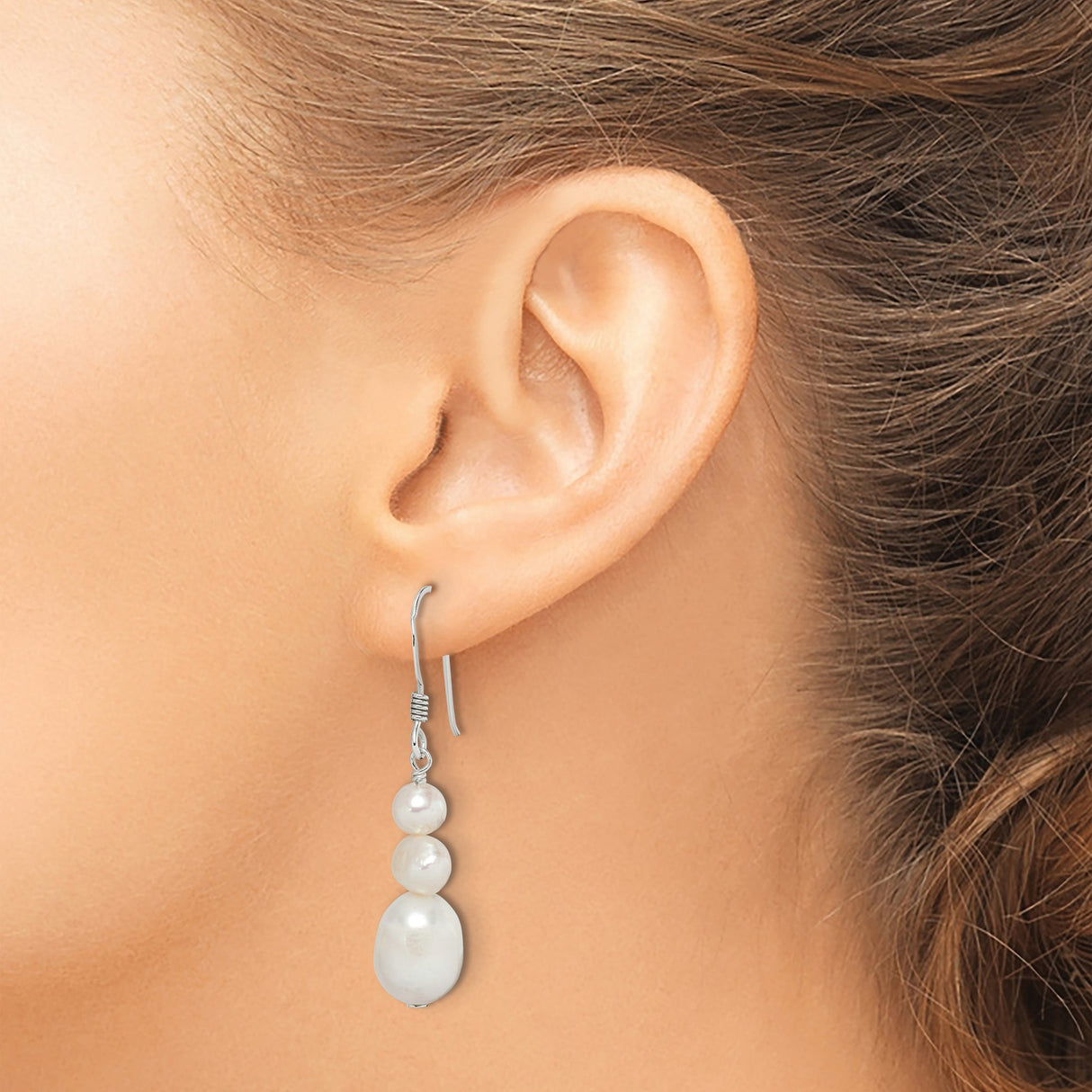 Sterling Silver Dangle Earrings with Graduated Freshwater Cultured Pearls, Long Drop Design