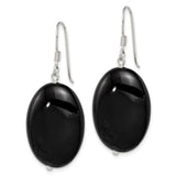 Sterling Silver Oval Dangle Earrings with Black Agate, Minimalist Drop Style for Women