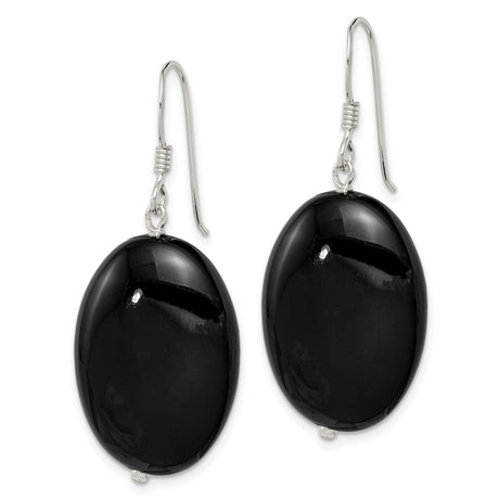 Sterling Silver Oval Dangle Earrings with Black Agate, Minimalist Drop Style for Women