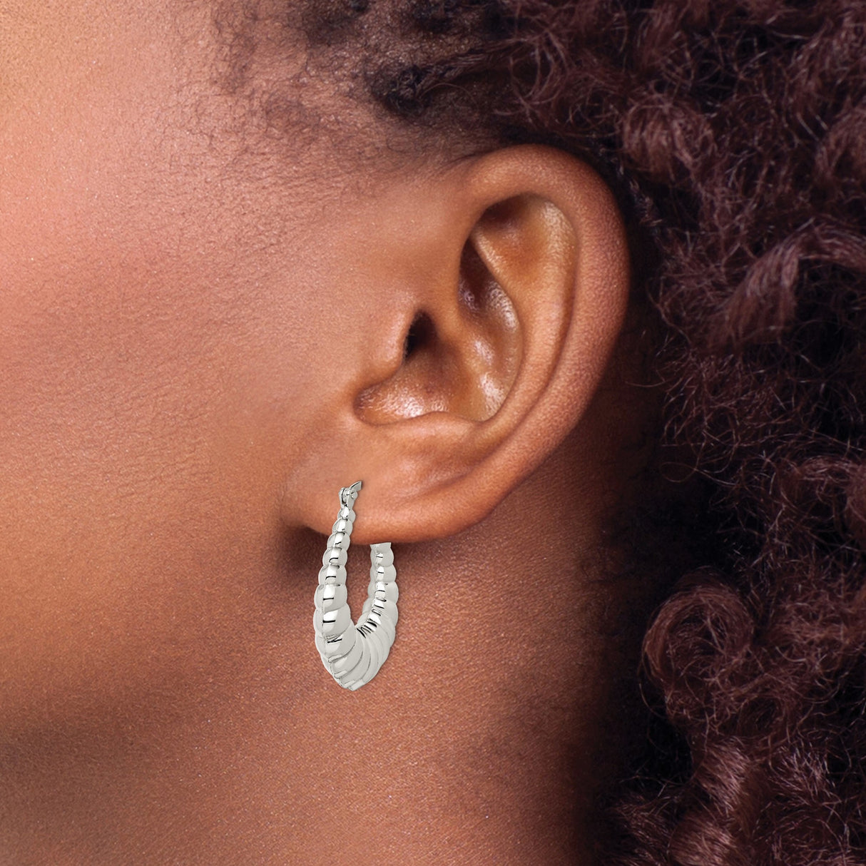 Sterling Silver Puffed Teardrop Hoop Earrings, Scalloped Texture, High Polish Finish