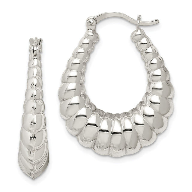 Sterling Silver Puffed Teardrop Hoop Earrings, Scalloped Texture, High Polish Finish