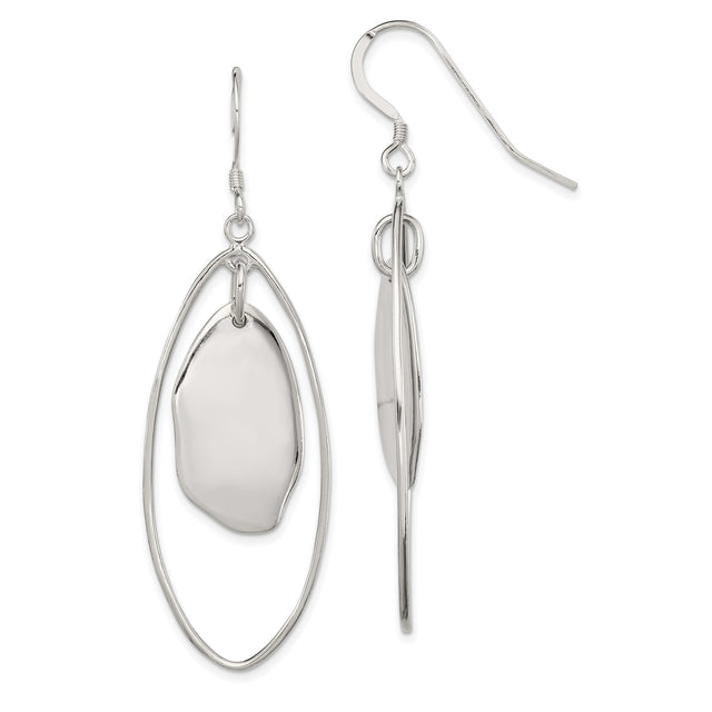 Sterling Silver Dangle Earrings with Abstract Pebble Charm in Open Oval Frame