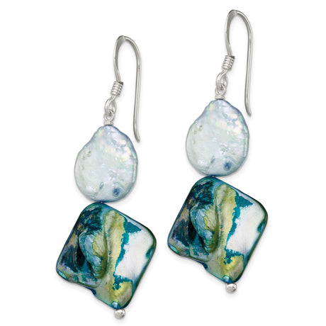 Sterling Silver Dangle Earrings with Mother of Pearl and Freshwater Pearls, Boho Ocean Style
