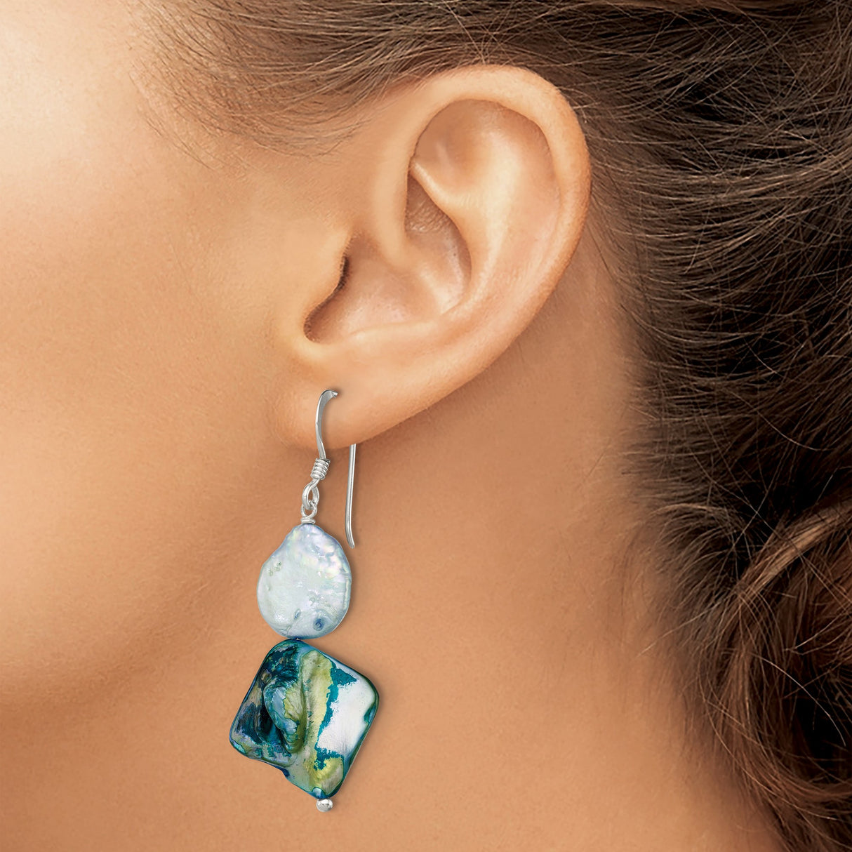 Sterling Silver Dangle Earrings with Mother of Pearl and Freshwater Pearls, Boho Ocean Style
