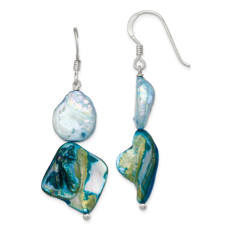 Sterling Silver Dangle Earrings with Mother of Pearl and Freshwater Pearls, Boho Ocean Style