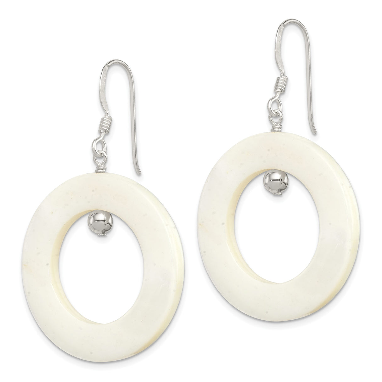 Sterling Silver Dangle Earrings with White Mother of Pearl Inlay and Open Hoop Design
