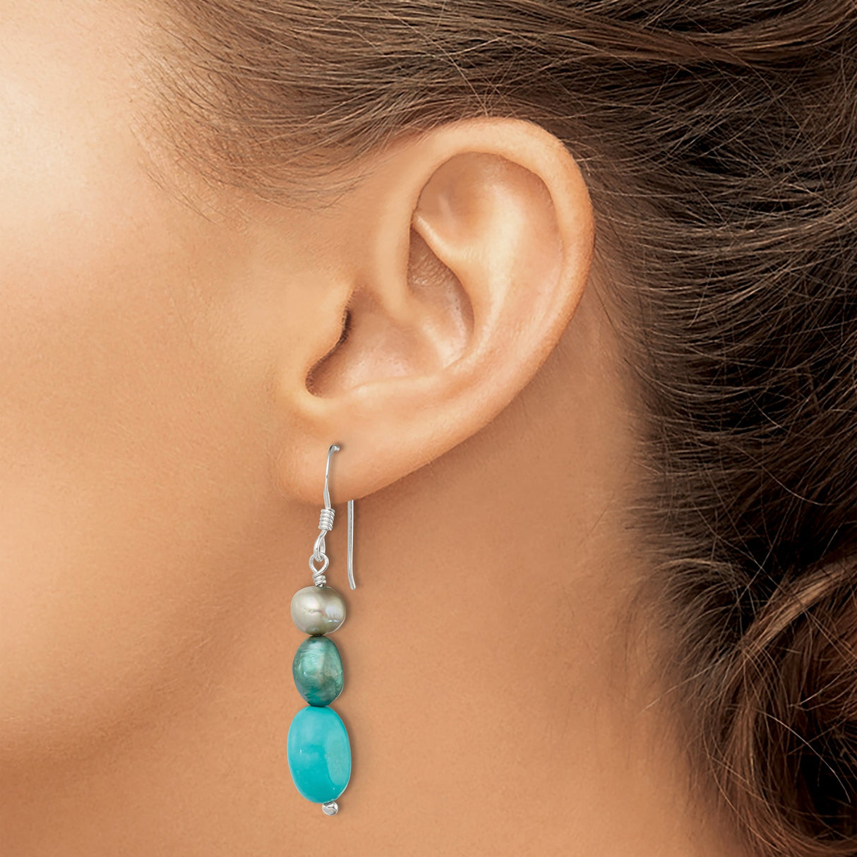 Sterling Silver Dangle Earrings with Freshwater Pearls and Turquoise, Boho Coastal Style