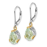 Sterling Silver Drop Earrings with Prasiolite, Floral Filigree Design and Gold Accents