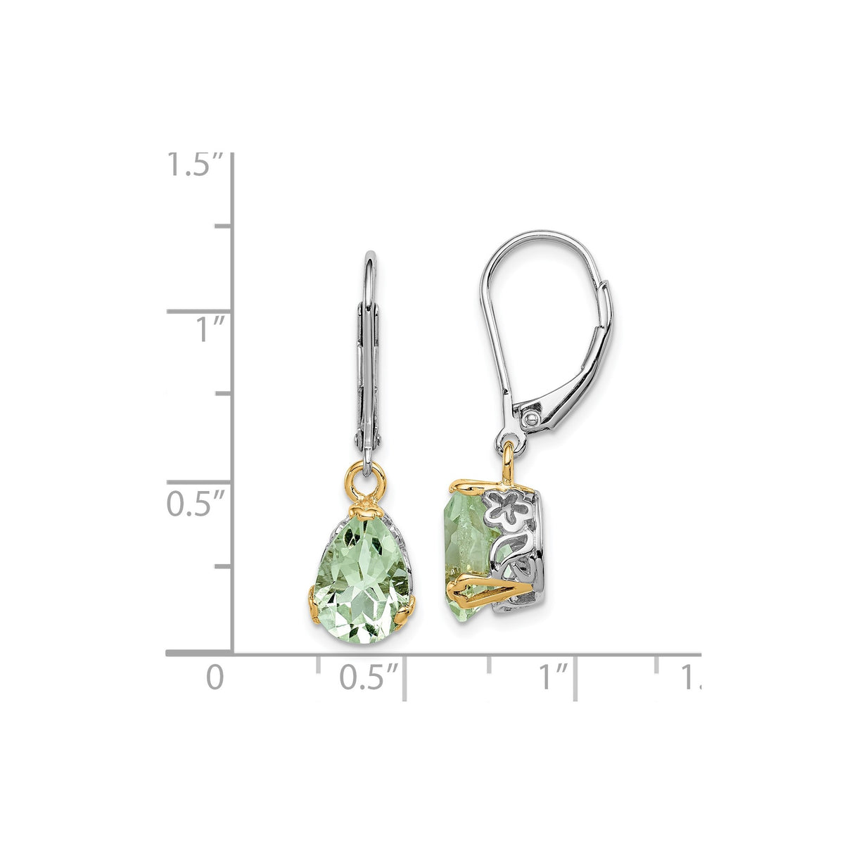 Sterling Silver Drop Earrings with Prasiolite, Floral Filigree Design and Gold Accents