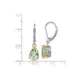 Sterling Silver Drop Earrings with Prasiolite, Floral Filigree Design and Gold Accents