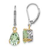 Sterling Silver Drop Earrings with Prasiolite, Floral Filigree Design and Gold Accents
