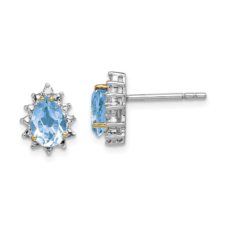 Sterling Silver Teardrop Stud Earrings with Light Blue Topaz Center and Clear Halo Accents, Elegant Pear Shaped Blue Gemstone Studs for Women, Classic Fine Jewelry for Formal or Daily Wear