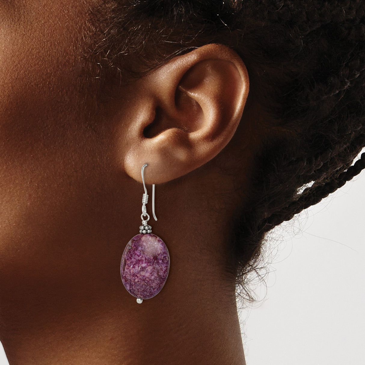 Sterling Silver Drop Earrings with Charoite, Floral Accents, Boho Chic Style for Women