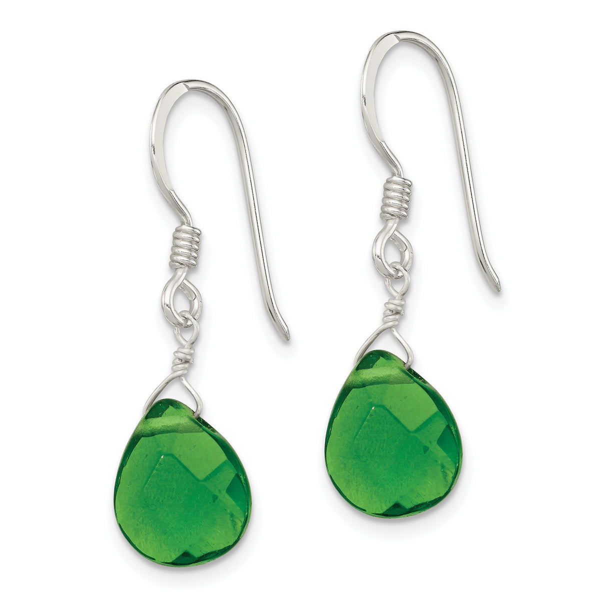 Sterling Silver Dangle Earrings with Faceted Green Teardrop Crystal, Lightweight Drop Design