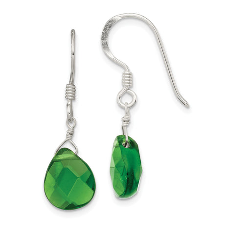 Sterling Silver Dangle Earrings with Faceted Green Teardrop Crystal, Lightweight Drop Design