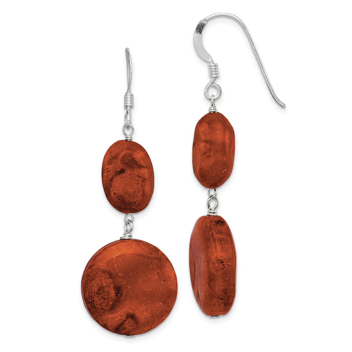 Sterling Silver Dangle Earrings for Women with Oval and Round Red Sponge Coral Beads, Boho Natural Stone Jewelry, Earthy Tones, Handmade Beaded Drop Design, Casual Artisan Boho Style