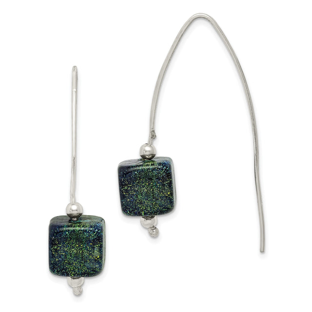 Sterling Silver Drop Earrings with Blue Green Dichroic Glass Beads, Handmade Artisan Style