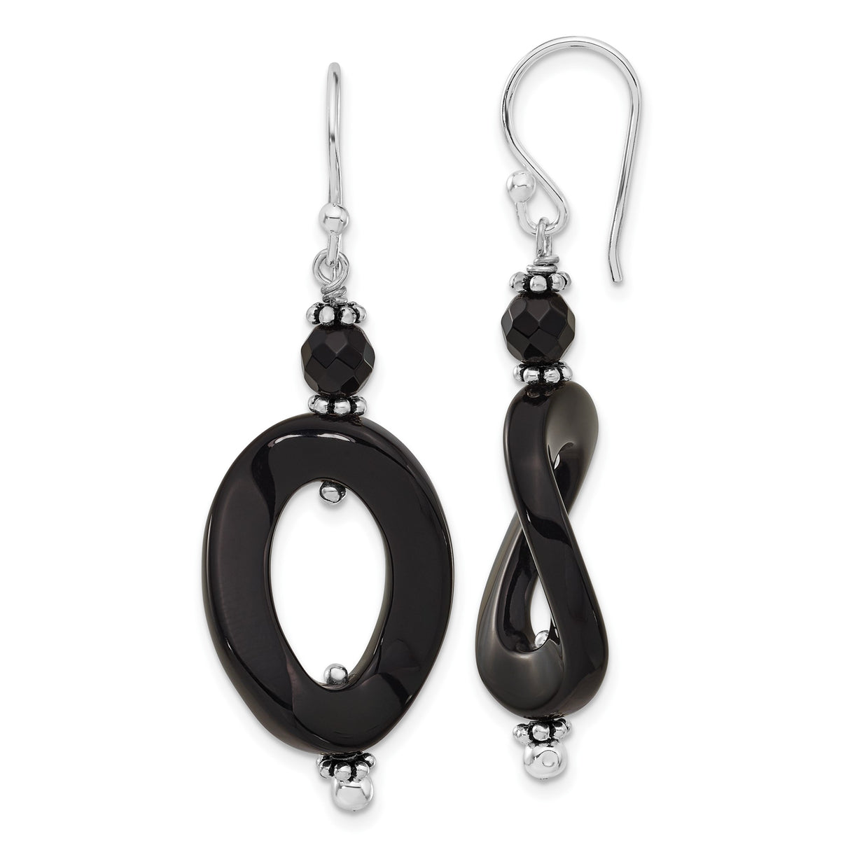 Sterling Silver Dangle Earrings with Onyx, Twist and Oval Drop, Asymmetrical Modern Style for Women
